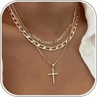Cross Necklace for Women,Stackable Stacked Stacking Layering Layered Necklaces Dainty Gold Necklace Paperclip Box Flat Mariner Chain Necklace Cross Pendant CZ Diamond Simple Jewelry Gift