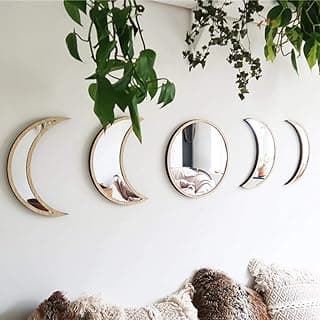 Scandinavian Decor 5-Piece Acrylic Wall Decor - Wooden Moon Phase Mirror, Bohemian Design for Living Room, Bedroom - Beige