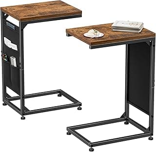 Simple Trending C Shaped End Table, Side Table TV Trays Set of 2 with Fabric Storage Bag, Couch Sofa Table for Living Room, Rustic Brown