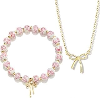 Bow Bracelet Necklace Set 14K Gold Beaded Bracelet Dainty Bow Pendant Choker Jewelry Gift Set