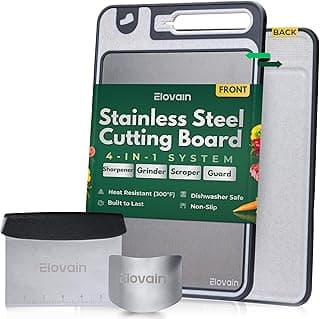 3-Piece Stainless Steel Cutting Board Kitchen Set - Double Sided Stainless Steel Chopping Board with Bench Scraper and Finger Guard, Non Slip Edges, Dishwasher Safe, 15 x 10 Inch